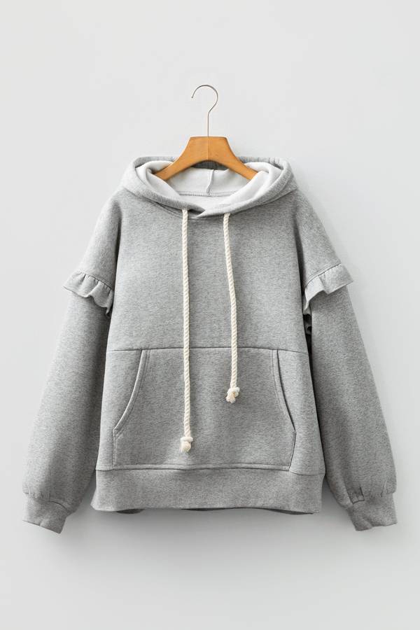 Gray Contrast Rope Drawstring Ruffle Trim Drop Shoulder Baggy Hoodie