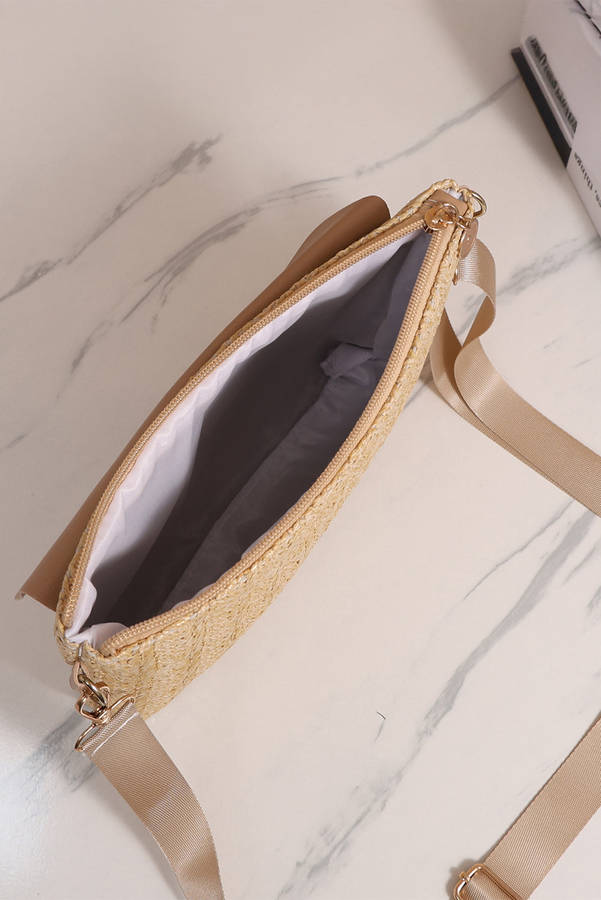 Beige Leather Pocket Patchwork Straw Woven Shoulder Bag