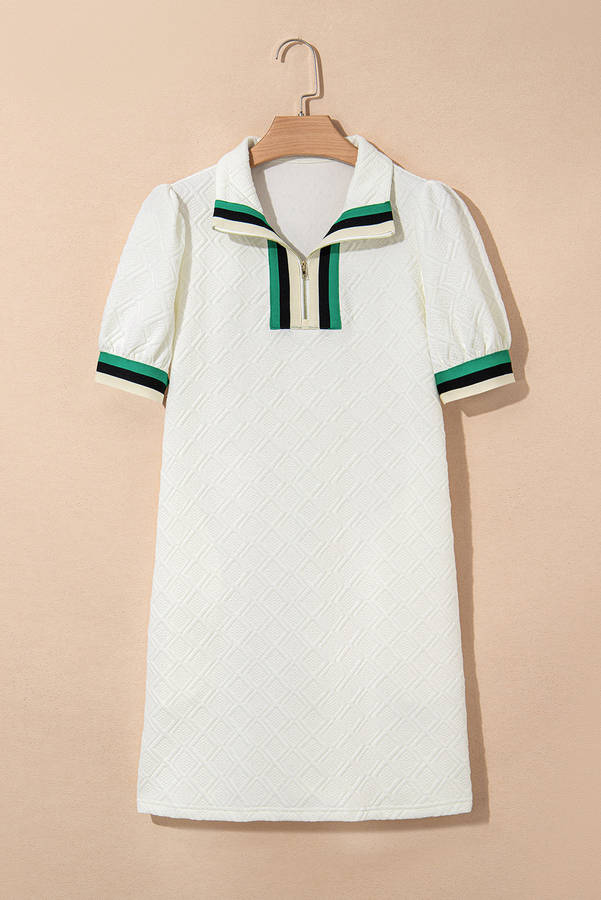 White Textured Jacquard Colorblock Edge Puff Sleeve Quarter Zip Mini Dress