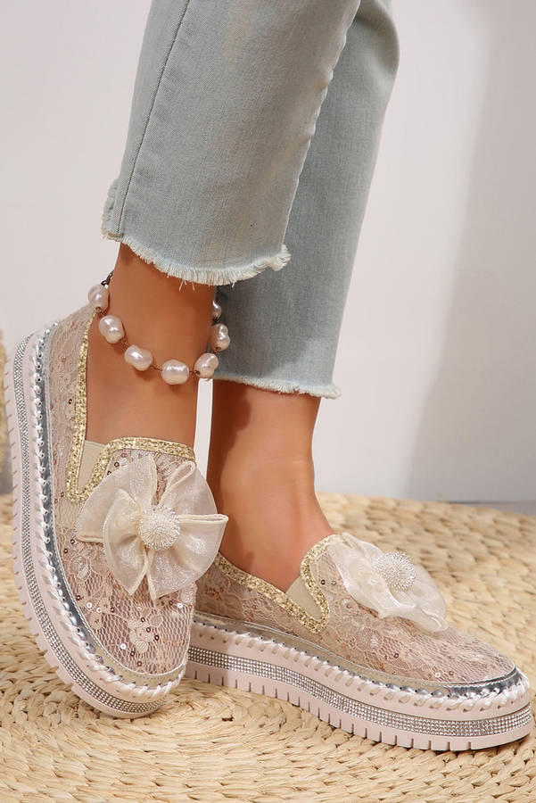 White Glossy Bow Decor Breathable Lace Loafer Shoes