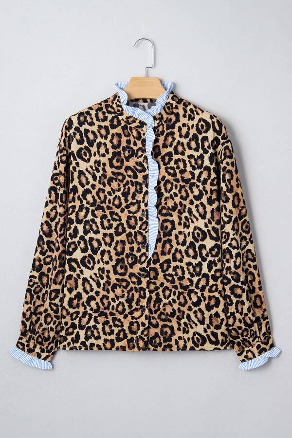 Brown Wild Leopard Print Contrast Striped Frilled Trim Chic Shirt