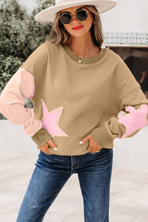 Sage Green Contrast Star Patchwork Exposed Seam Uneven Hem Drop Shoulder Sweatshirt