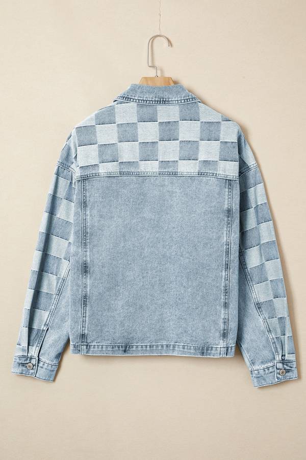 Beau Blue Denim Checkered Pattern Patchwork Womens Casual Jacket