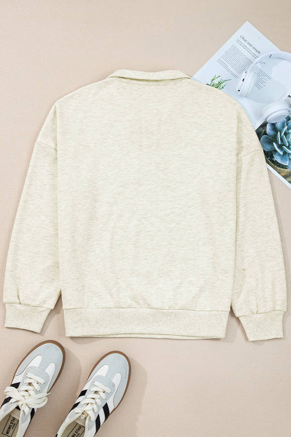 Light Grey Contrast Striped Patchwork Zip Collar Pullover Sweatshirt