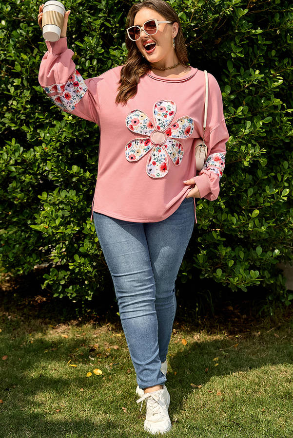 Peach Blossom Plus Size Floral Applique Drop Shoulder Sweatshirt