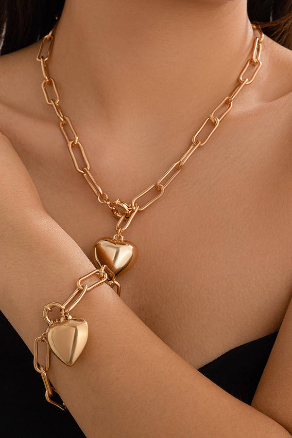 Gold Plated Paperclip Chain 3D Heart Pendant Necklace
