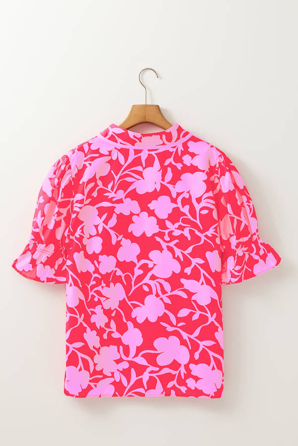 Red Floral Split V Neck Ruffled Short Sleeve Blouse Top