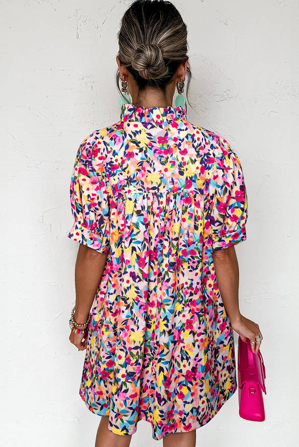 Pink Floral Puff Short Sleeve V Neck Mini Dress