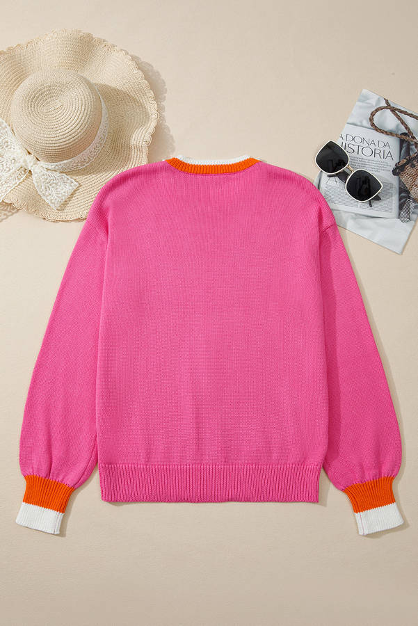 Sachet Pink Contrast Crew Neck Pearled Decor Drop Shoulder Knit Sweater