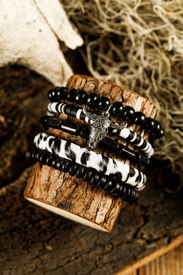 Color black Timber Beads Western Skull Head Charm 5pcs Bracelet Set
