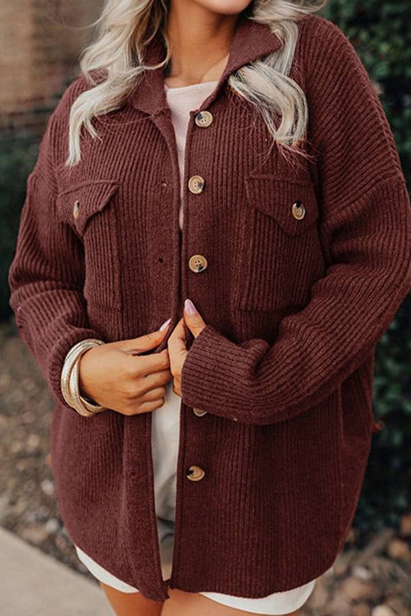 Red Sandalwood Ribbed Knit Buttons Front Flap Pocket Casual Shacket