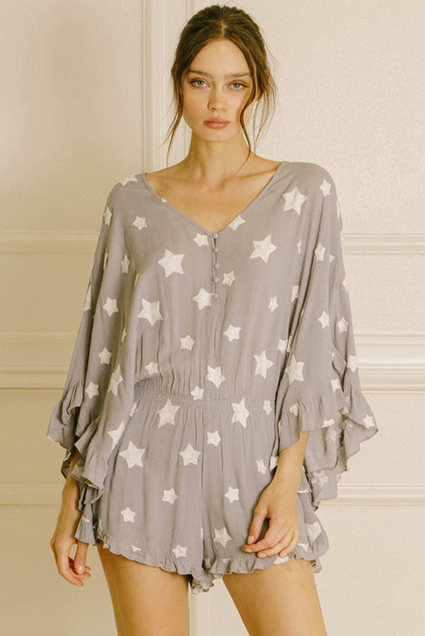 Gray Star Print Crinkle Textured Kimono Ruffle Sleeve Romper