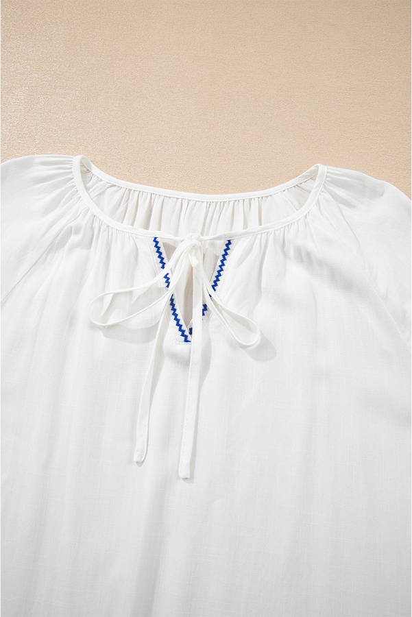 White Floral Embroidered Drawstring V Neck Blouse