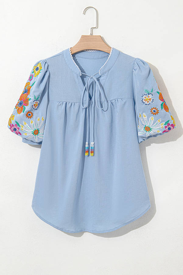Beau Blue Floral Embroidered Puff Sleeve Split Neck Blouse