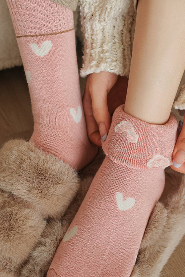 Pink Contrast Heart Print Ribbed Cuff Womens Crew Socks