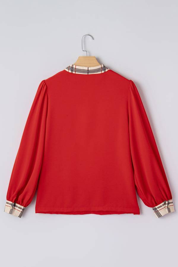 Racing Red Contrast Plaid Patchwork V Neck Long Sleeve Blouse