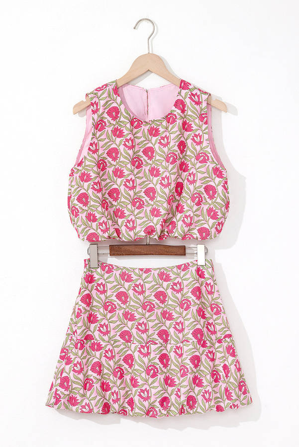 Pink Floral Print Puffy Cropped Tank and Mini Skirt Set