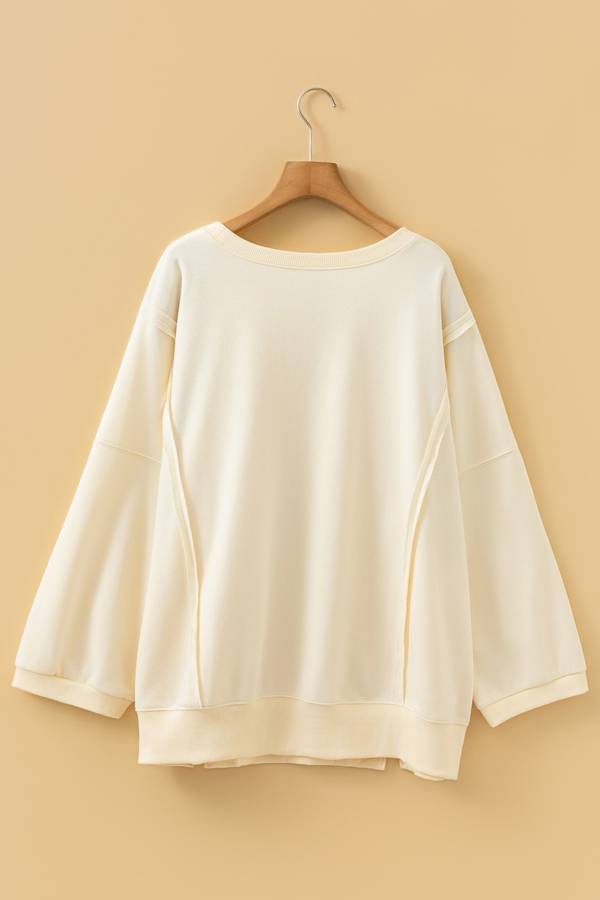 Beige Plus Size Raw Seam Detail Floral Bow Patched Baggy Pullover