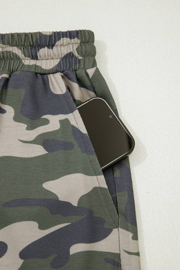 Green Tie Elastic Waist Pocketed Plus Size Camo Shorts