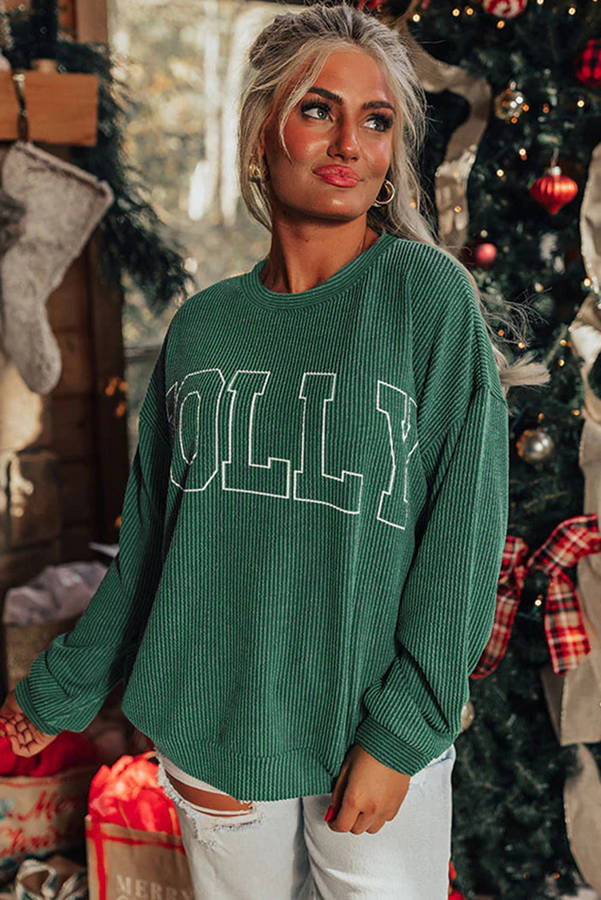 Blackish Green Twisted Rib Outlined Merry Letter Graphic Loose Long Sleeve Top