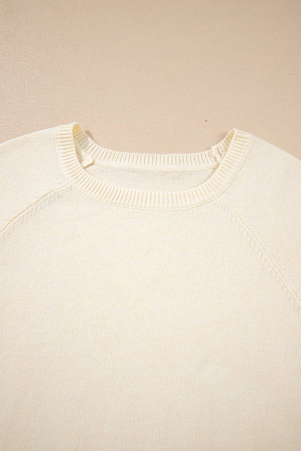 White Buttoned Bishop Sleeve Crew Neck Sweater