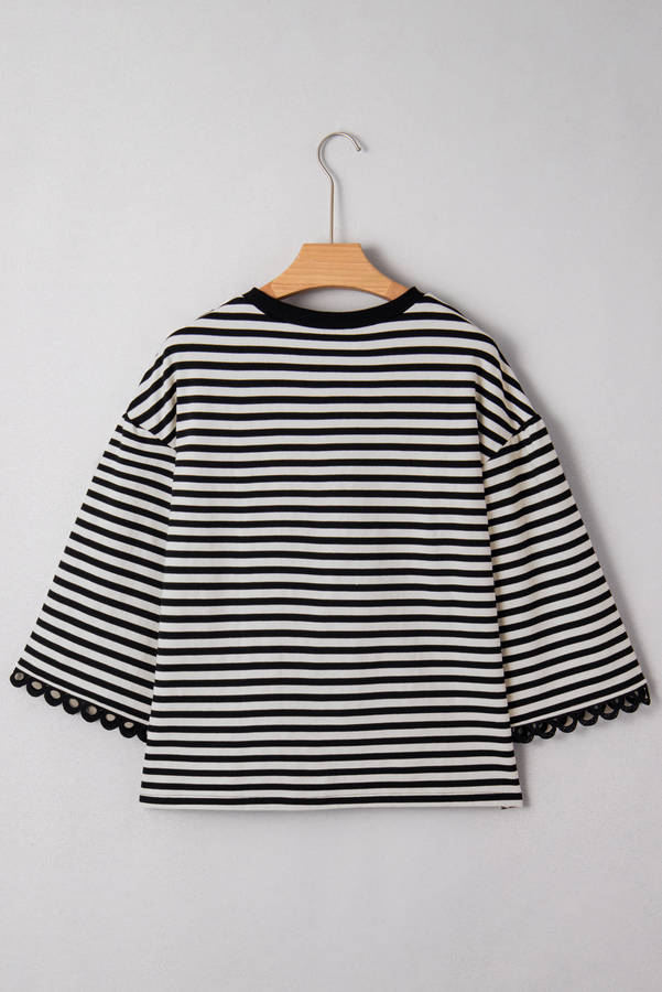 Black Striped Print Drop Shoulder Lace Trim Bracelet Sleeve Loose Top