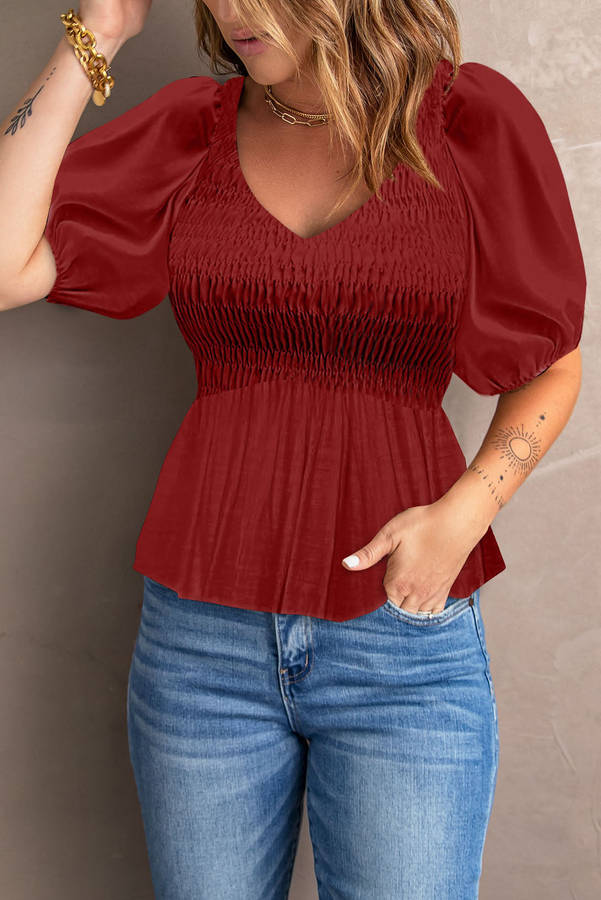 Fiery Red Puff Sleeve Smocked Top