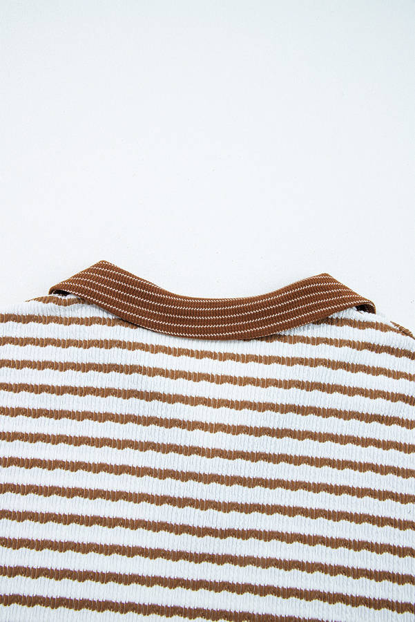 Khaki Stripe Plus Size Collared V Neck Loose Pullover Drawstring Elastic Waist Wide Leg Pant Set