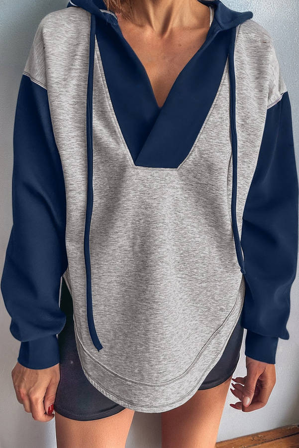 Light Grey Color Block Patchwork V Neck Drawstring Hoodie