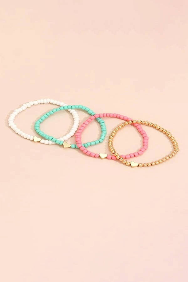 Pink Heart Beaded Multi Layered Bracelet Set