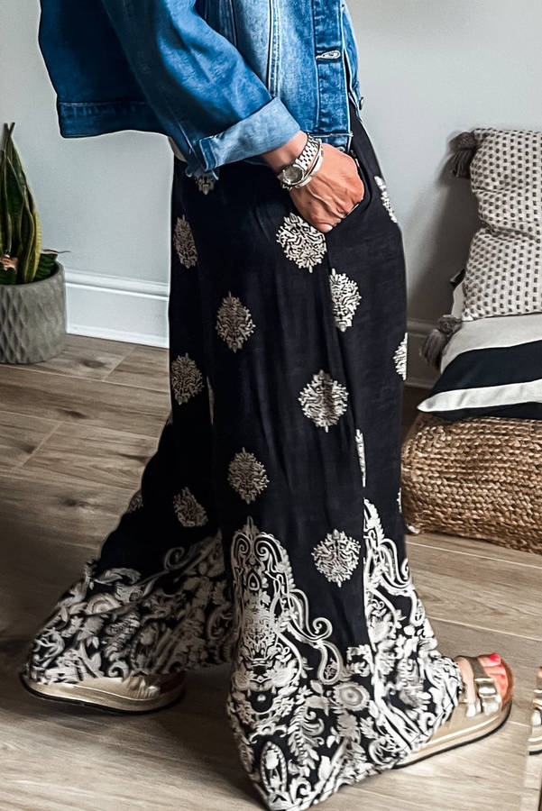 Black Bohemian Printed Drawstring Elastic Waistband Wide Leg Pants