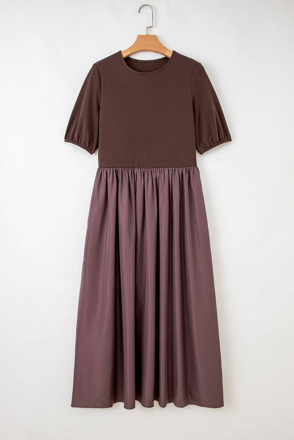 Coffee Short Sleeve Knit Top Patchwork Pleated Long Dress
