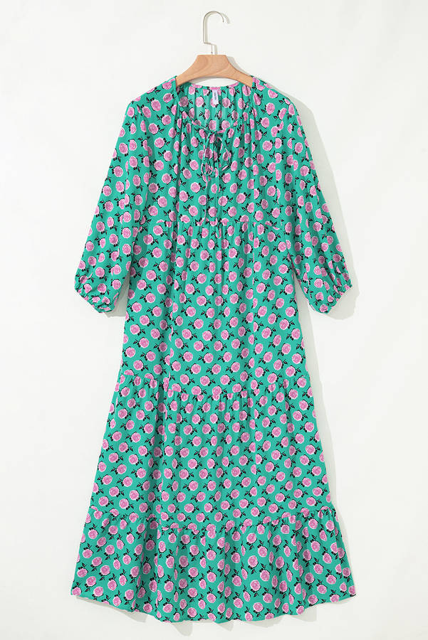 Green Boho Printed Half Sleeve Maxi Dress