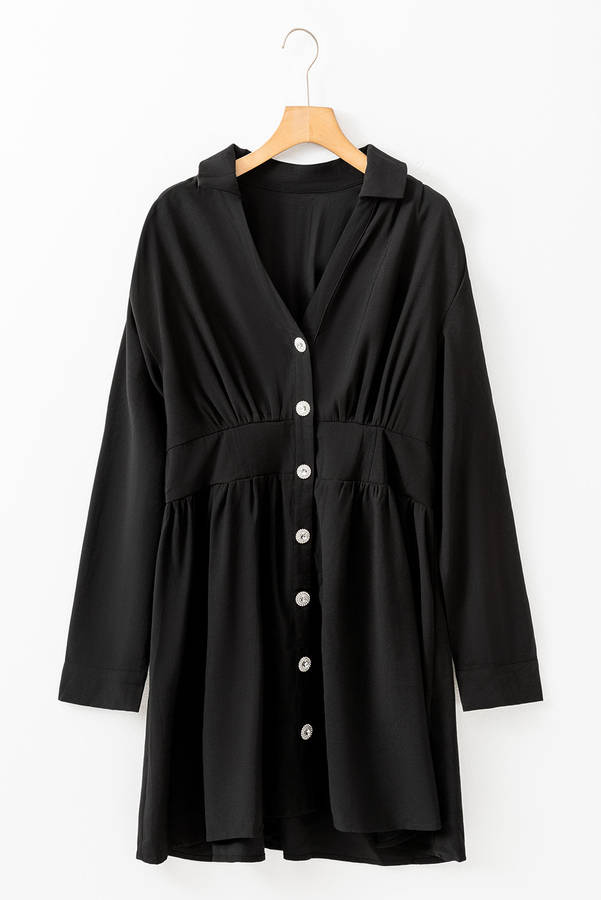 Black Elastic Cinched High Waist Long Sleeve Shirt Mini Dress