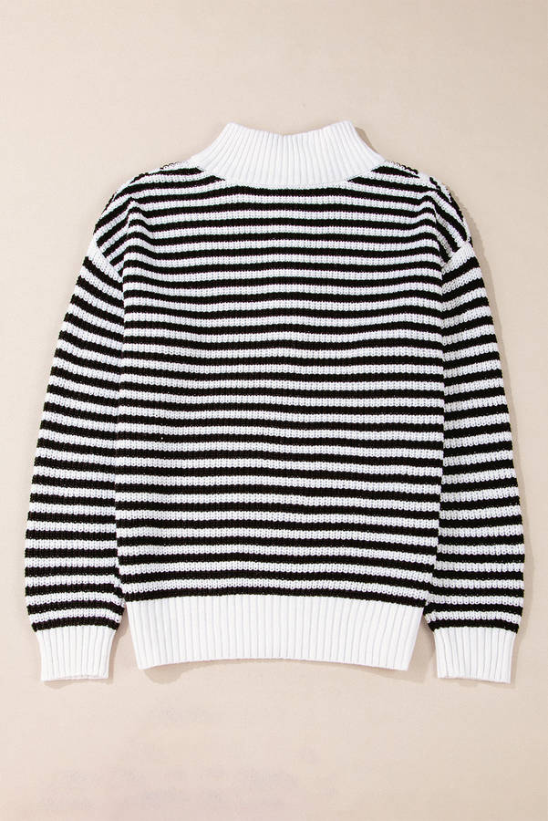 Black Stripe Zip up Collar Drop Shoulder Sweater