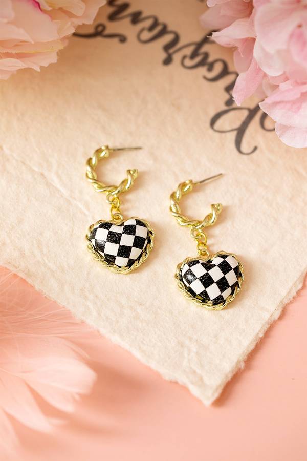 Black Checkered Heart Dangle Gold Plated Twisted Hoop Stud Earrings