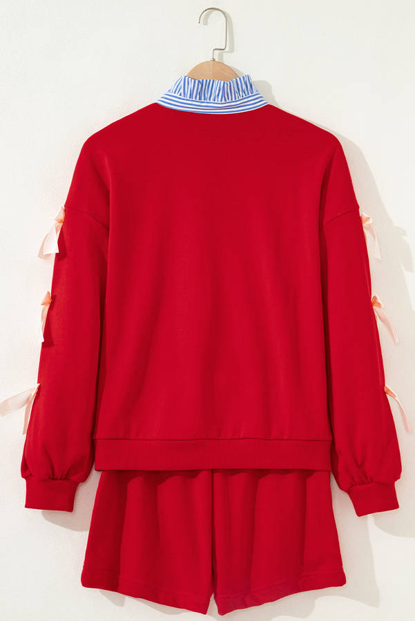 Racing Red Striped Collar Patchwork Satin Bow Sweatshirt and Shorts Set