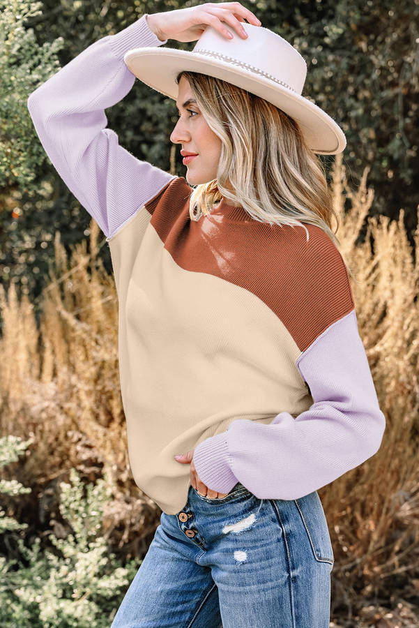 Khaki Color Block Plain Ribbed Knit Baggy Sweater