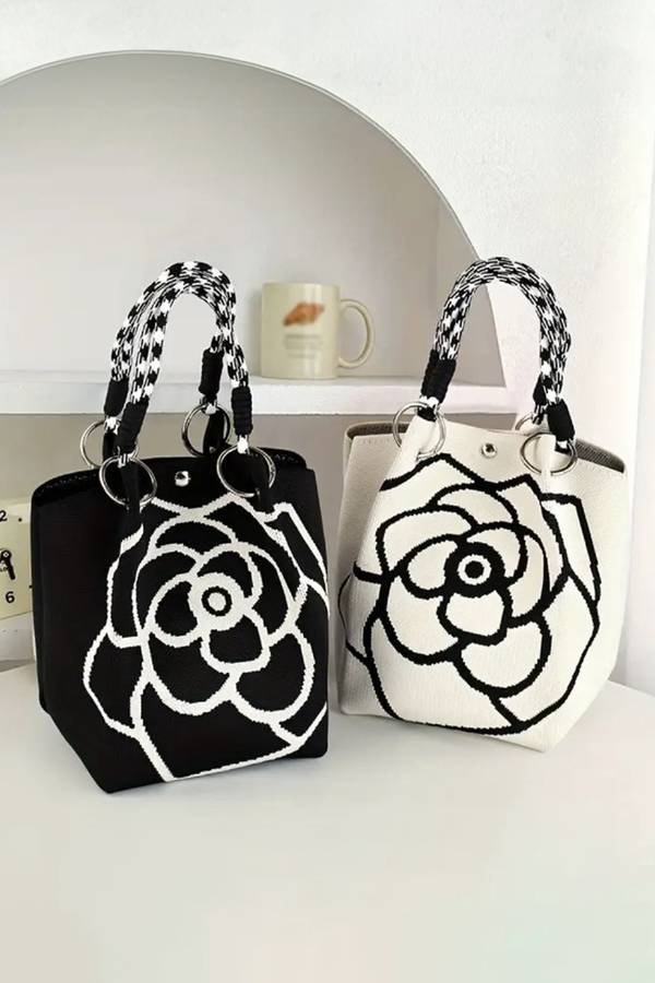 Color black Retro Rose Flower Large Knitted Tote Bag