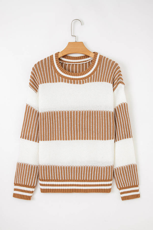 Khaki Two Tone Striped Patchwork Drop Shoulder Loose Sweater