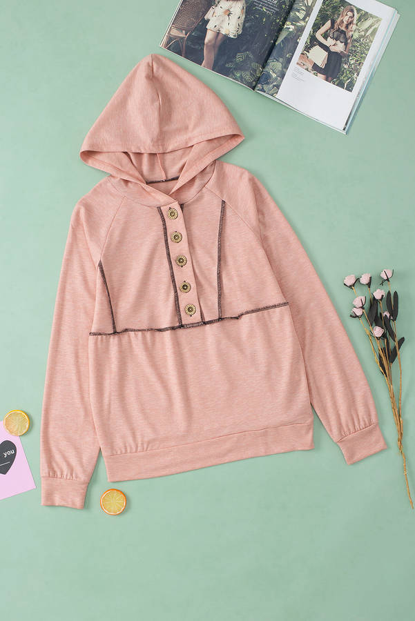 Pink Buttons Front Princess Line Out Seam Hoodie