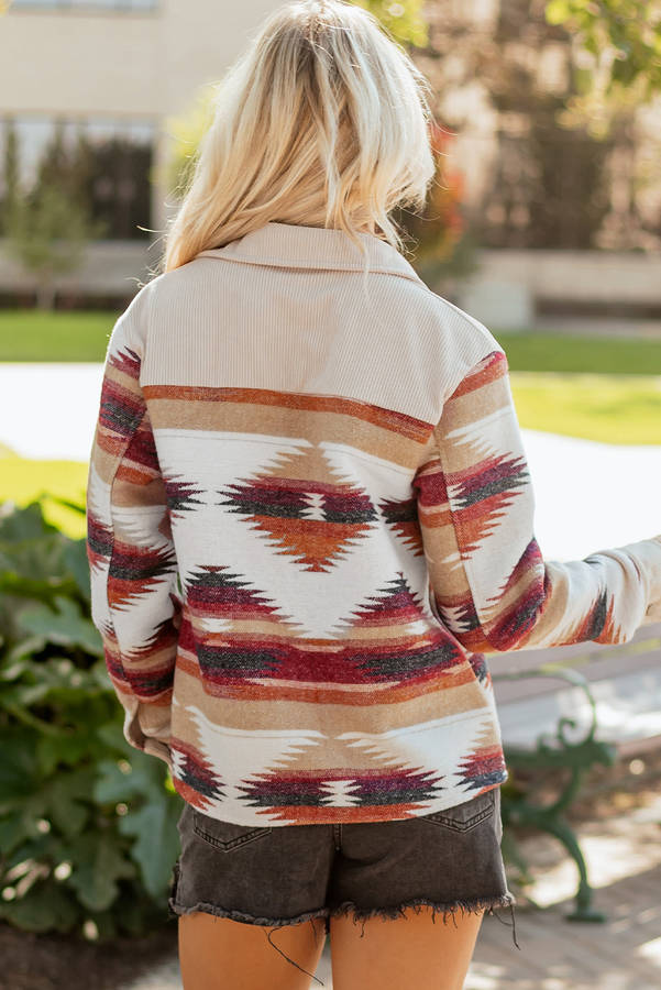 Multicolour Western Aztec Ribbed Patchwork Double Flap Pocket Raw Hem Shacket
