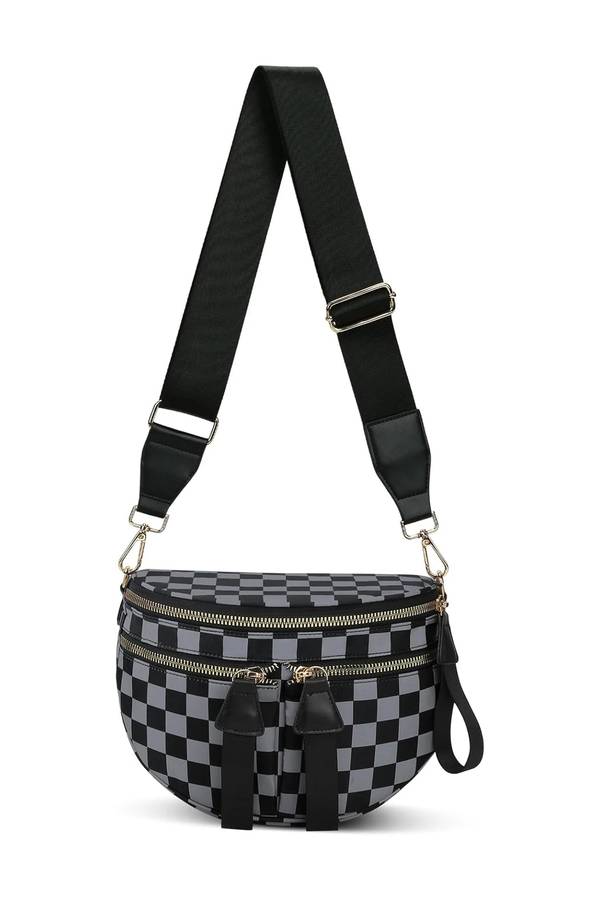 Dirty blue Checkered Print Multi Pocket Zipped Canvas Crossbody Bag