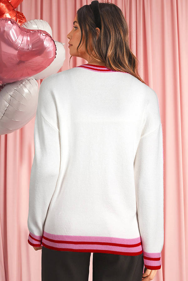 White Striped Trim Bow Graphic Round Neck Drop Shoulder Sweater
