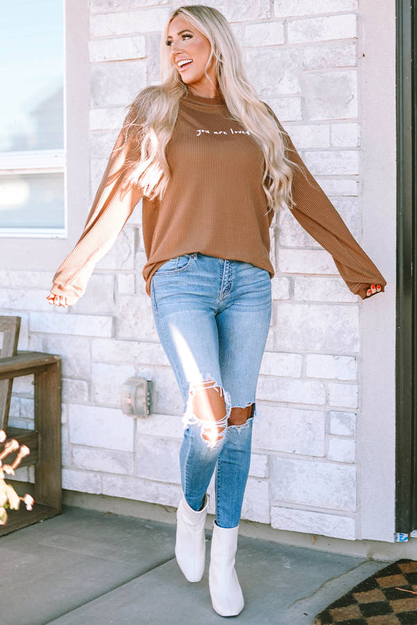 Khaki You Are Loved Print Corduroy Sweatshirt