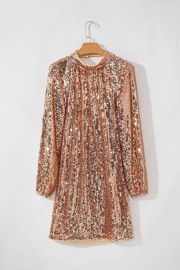 Gold Sequined Long Sleeve Cutout Back Mini Dress