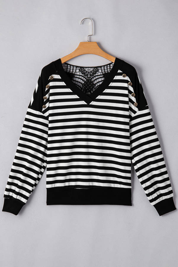 Black Stripe Crochet Hollow-out Back Buttoned Shoulder V Neck Top