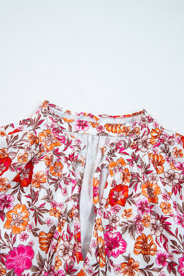 Pink Floral Print Tie Split Neck Bracelet Sleeve Blouse