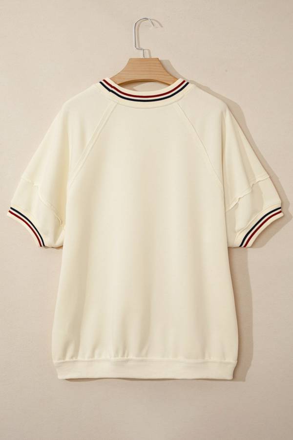 Beige Contrast Varsity Striped Neckline Cuffed Short Sleeve Loose Tunic Top