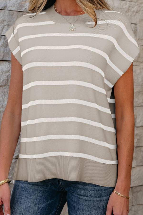 Parchment Side Slits Crewneck Short Sleeve Sweater Tee